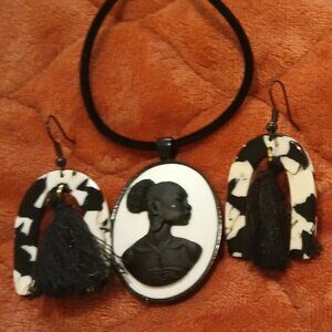 African American cameo necklace and earring set